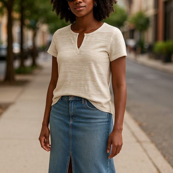 Old Navy Womens Top Size S Beige White Stripe Split Neck Knit Short Sleeve - Picture 1 of 9